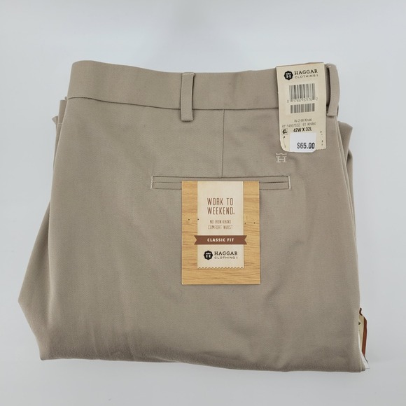 Haggar Other - Haggar Work To Weekend Khaki Pants Mens 42x32 Khaki Classic Fit No Iron